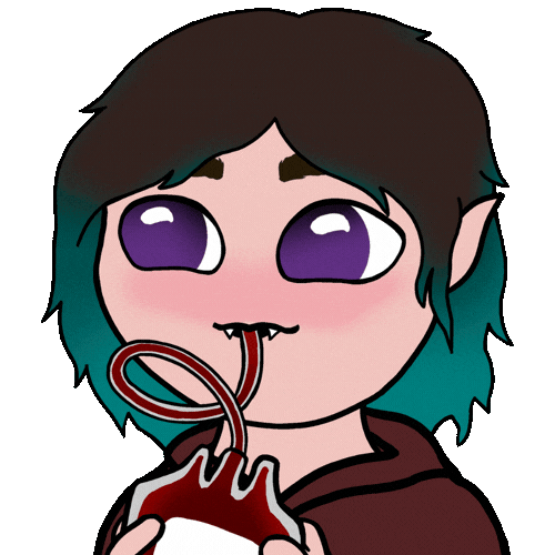 An emote of an elf with brown and teal hair, and pale skin sipping on a blood bag with vampire fangs and they're looking side to side with purple eyes. They're wearing a brown cape.