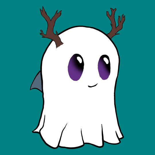 Ghost with purple eyes, antlers, and a shark fin.