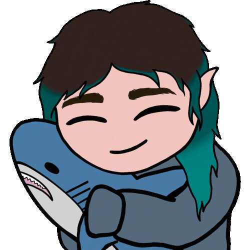 An emote of an elf with brown and teal hair, and pale skin smiling while they tightly hug a shark stuffed animal. The elf is wearing a gray hoodie.