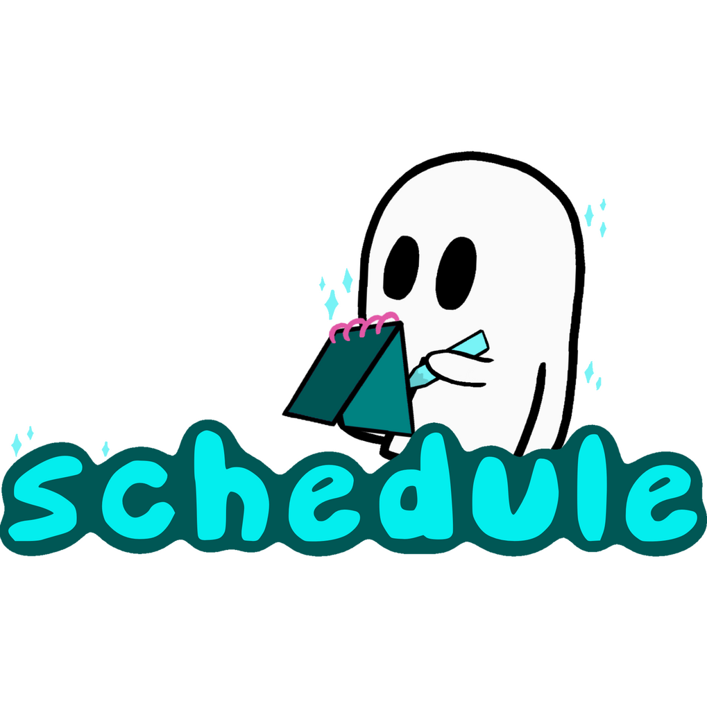 A cartoon ghost writing on a teal notepad above the word, schedule written in bubble letters.
