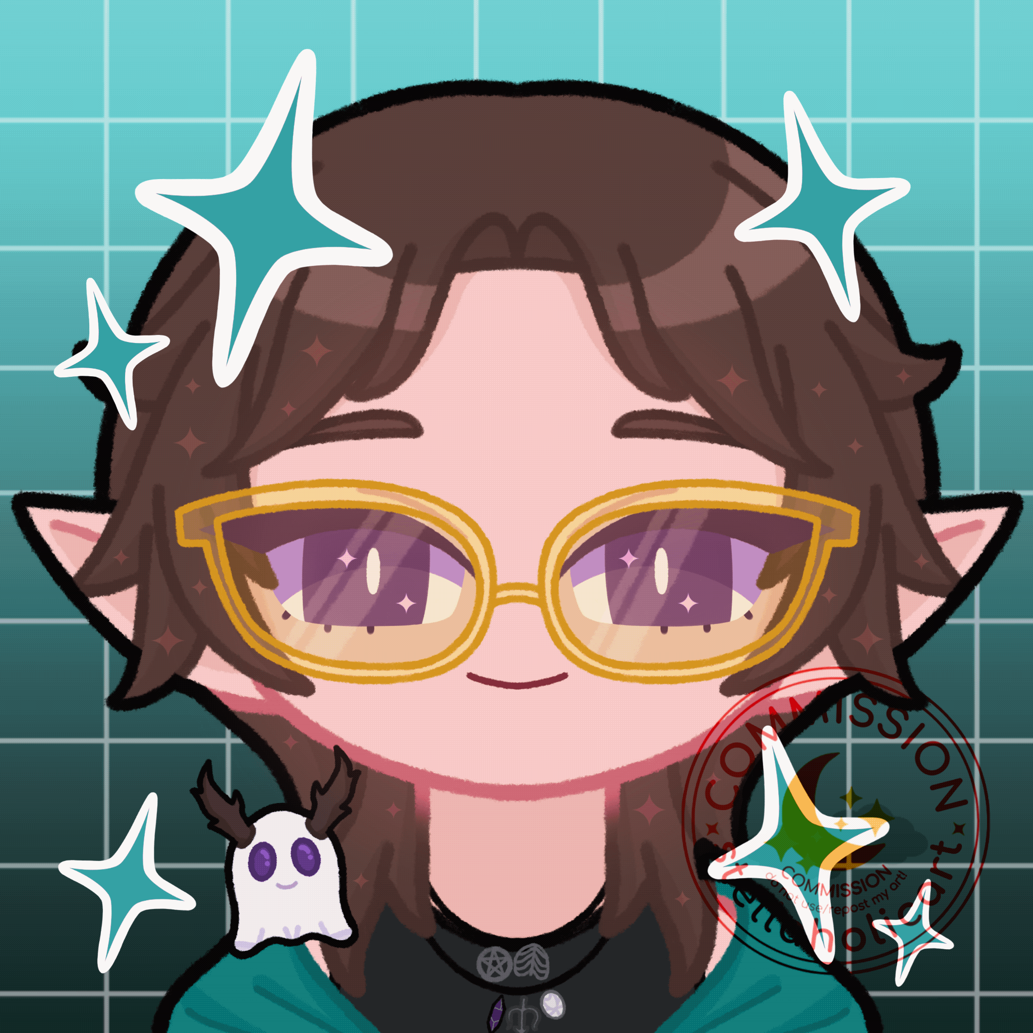 Elf with purple eyes, brown hair, and pale skin blinking and smiling. They're wearing a black tank and wrapped in a teal blanket. A small ghost with antlers is sitting on their shoulder. Teal sparkles moving around as elf blinks.