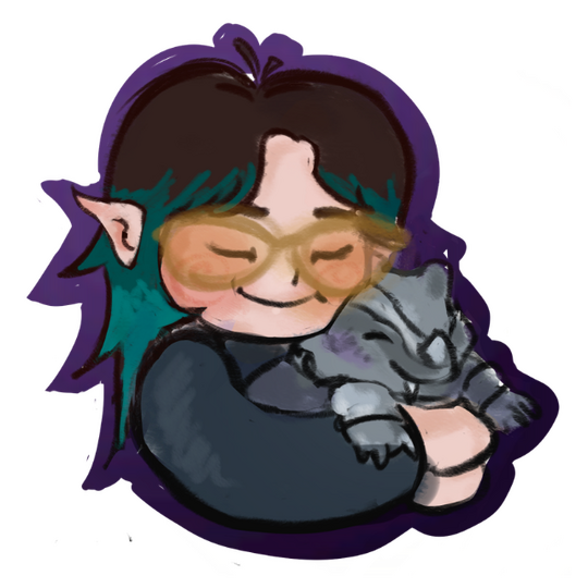 An illustration of an elf with brown and teal hair, and pale skin smile while they snuggle a Rhyhorn, a rhinoceros based Pokémon. The elf is wearing yellow rimmed glasses and a gray hoodie.