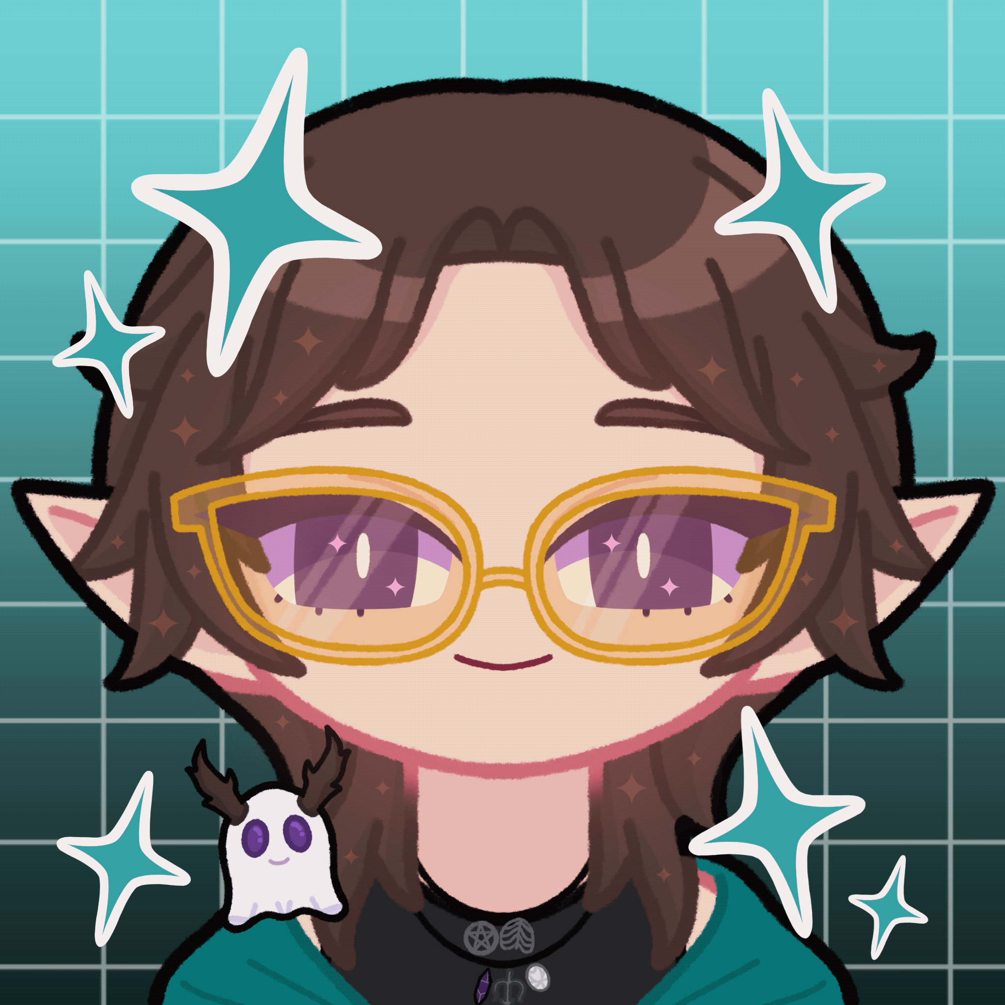 Elf with purple eyes, brown hair, and pale skin blinking and smiling. They're wearing a black tank and wrapped in a teal blanket. A small ghost with antlers is sitting on their shoulder. Teal sparkles moving around as elf blinks.